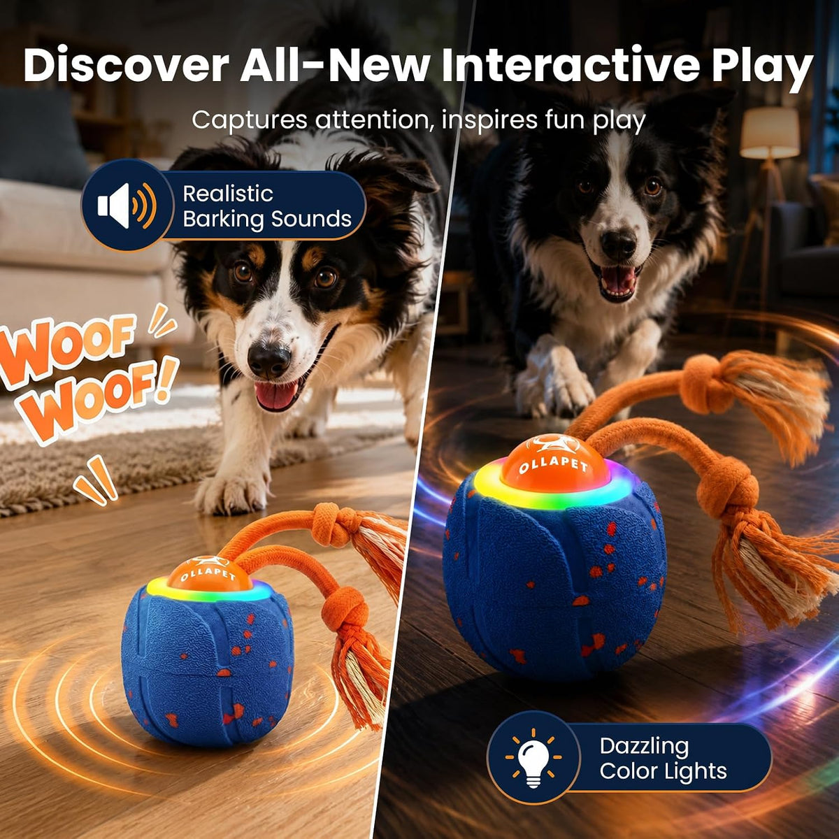 Juguetes interactivos inteligentes para perros, 3 modos de bola rodante automática, juguete Chase Pet con cuerda y sonido de ladrido, resistente a las masticaciones E-TPU, IPX7, bola