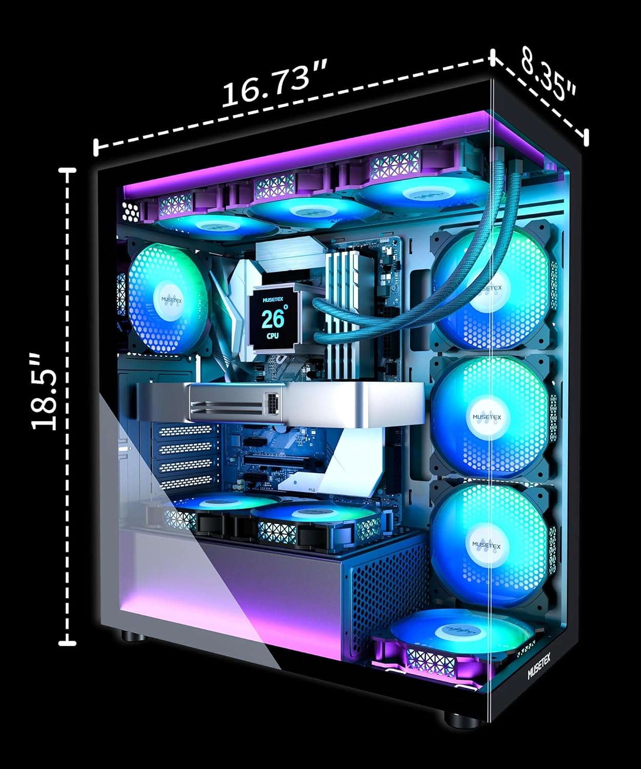 MUSETEX Carcasa ATX para PC, 7 ventiladores PWM ARGB preinstalados,...