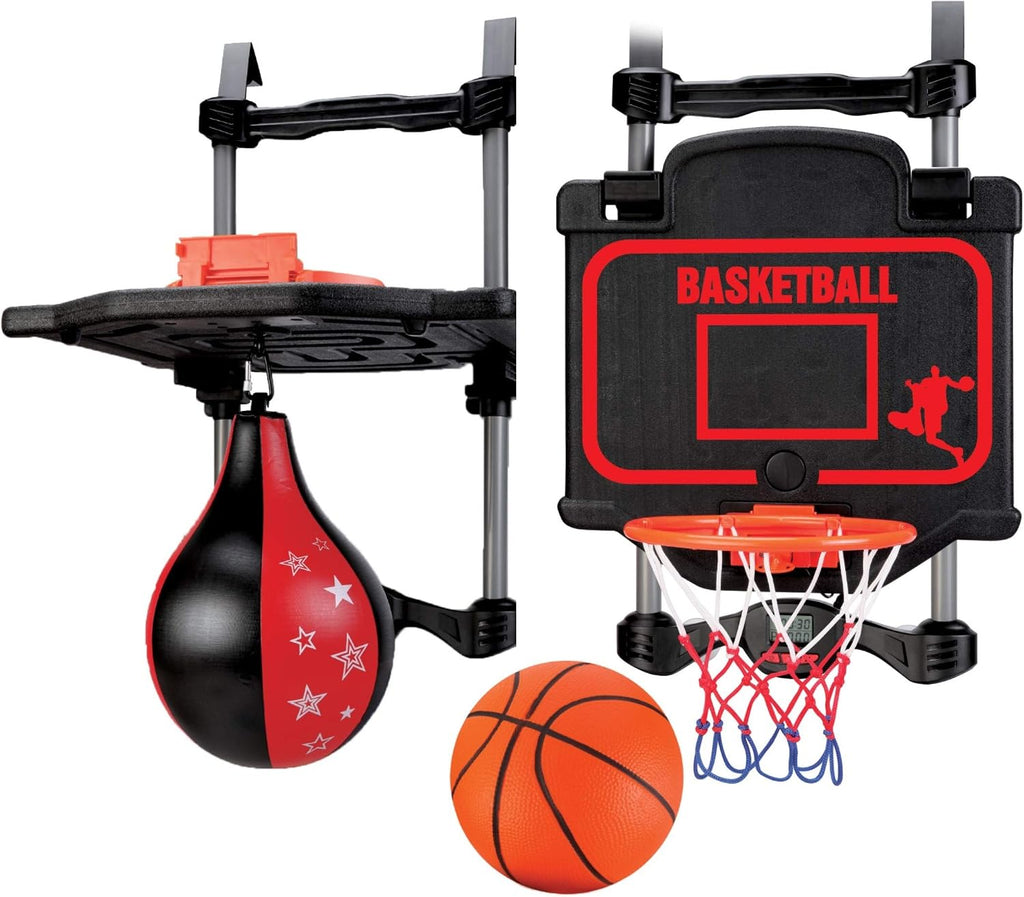 Combo de baloncesto y boxeo para colocar sobre la puerta, juego 2 en 1 con aro ajustable y bolsa de velocidad, marcador y efectos de sonido, divertido juguete deportivo de interior para niños y adultos