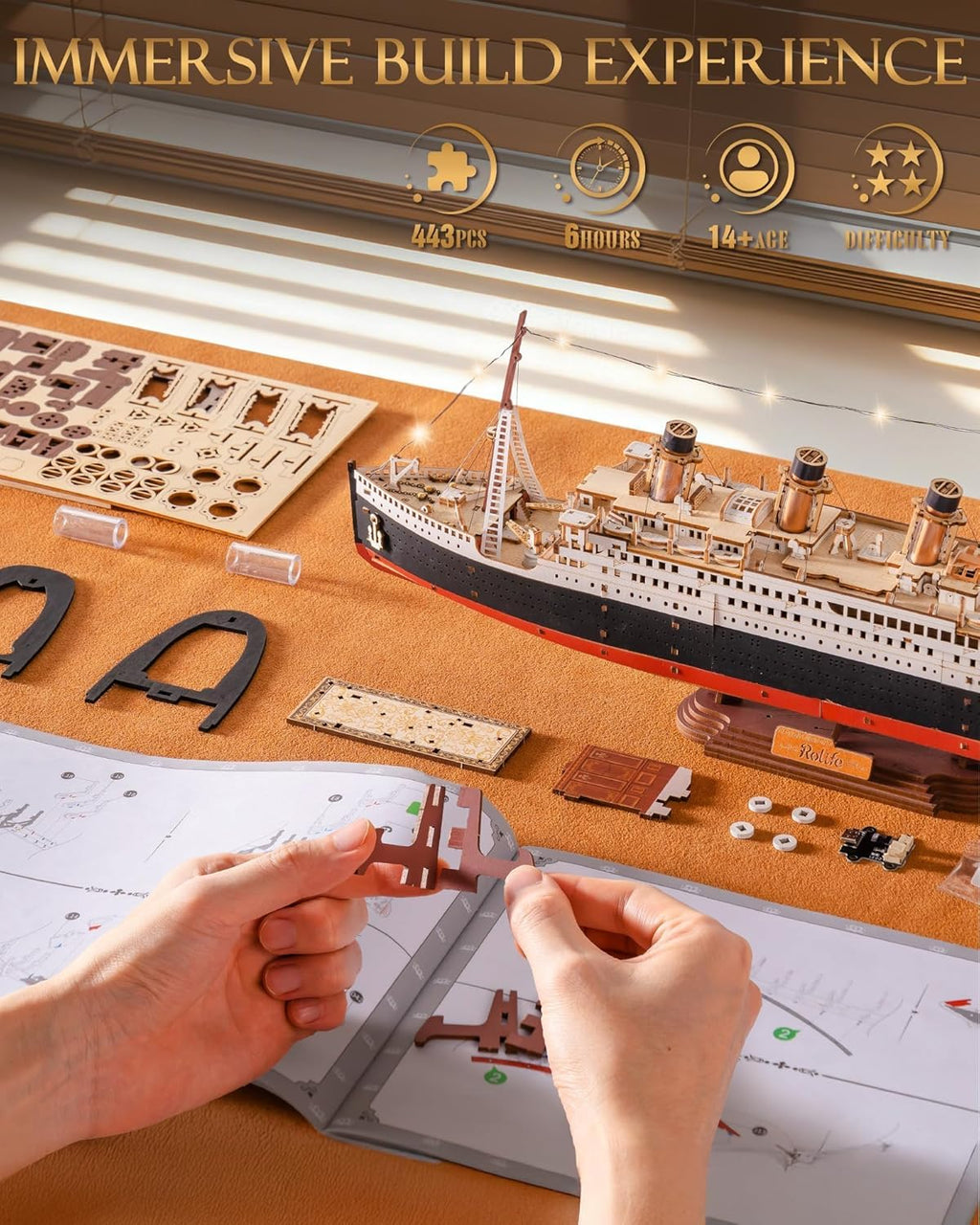 Rolife Rompecabezas de madera 3D modelo Titanic Kit de barco 19.5" 433pcs