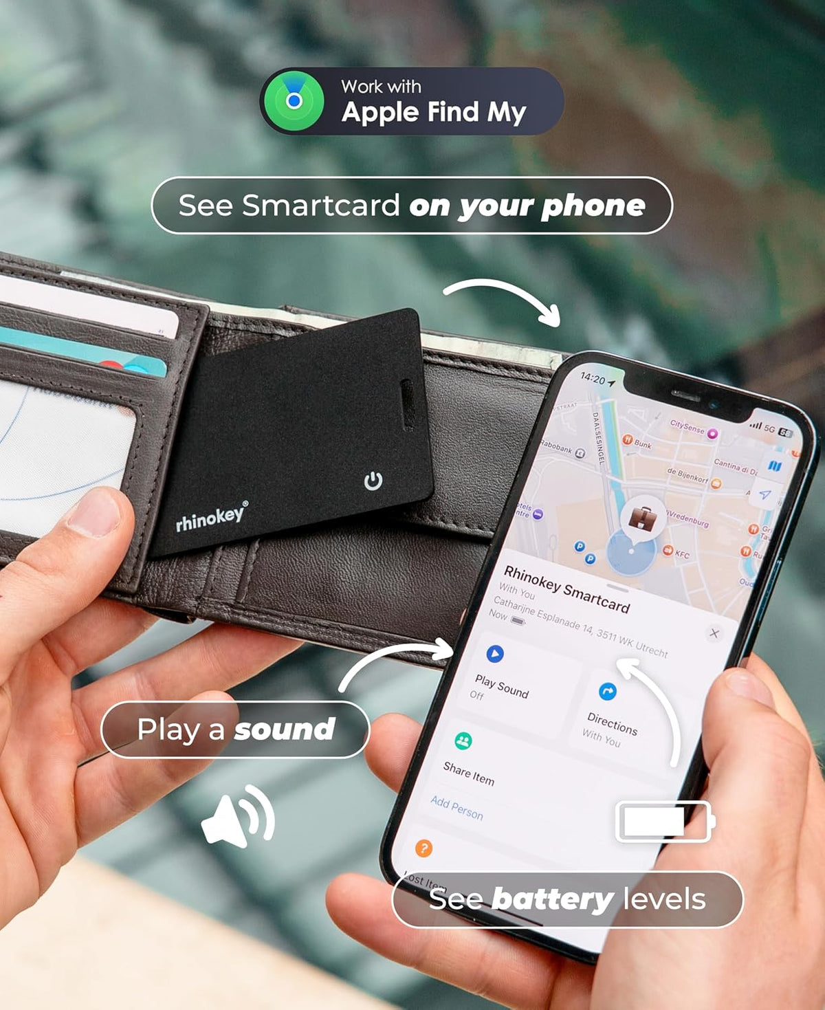 Rhinokey® La tarjeta de seguimiento de billetera certificada MFi de Apple