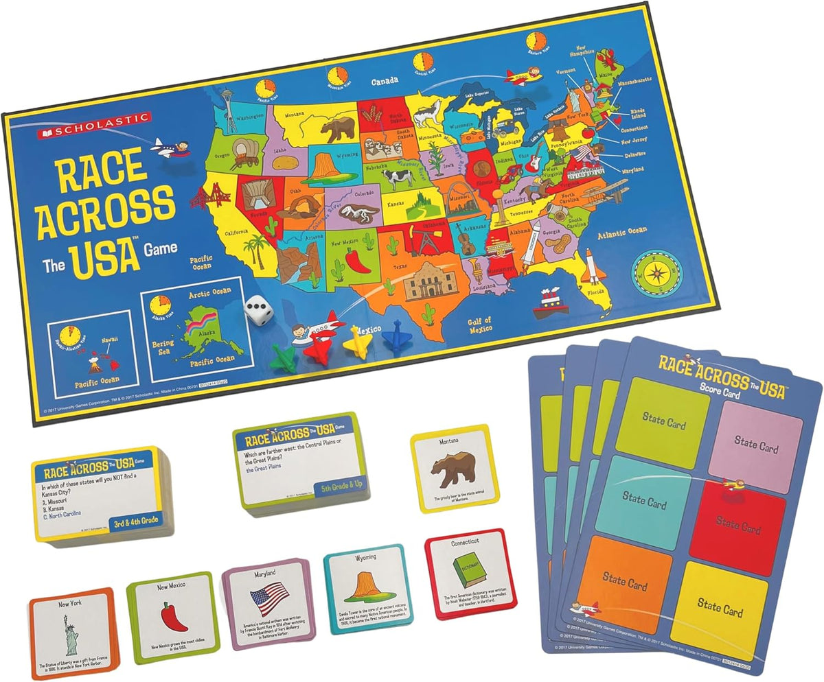 University Games, Scholastic Race Across the USA Juego de Mesa, Juego de Aprendizaje de Geografía para Niños y Familias, para 2 a 4 Jugadores a partir de 8 Años en Adelante