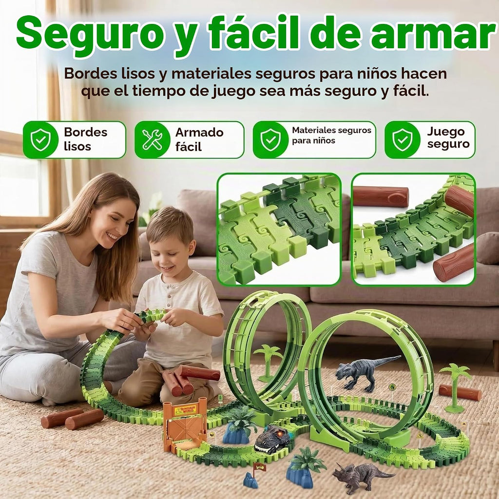 Juguetes de pista de carreras de dinosaurios para niños de 3 a 5 años, juego de pista de autos de dinosaurio de doble bucle, juego de pista de carreras de aventura flexible para niños de 4 a 7 años