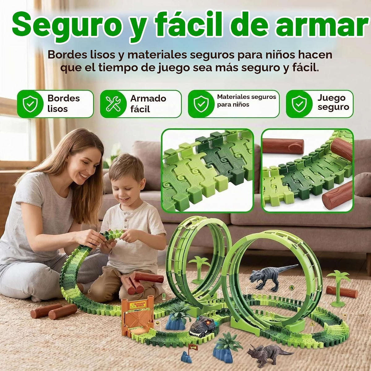 Juguetes de pista de carreras de dinosaurios para niños de 3 a 5 años, juego de pista de autos de dinosaurio de doble bucle, juego de pista de carreras de aventura flexible para niños de 4 a 7 años