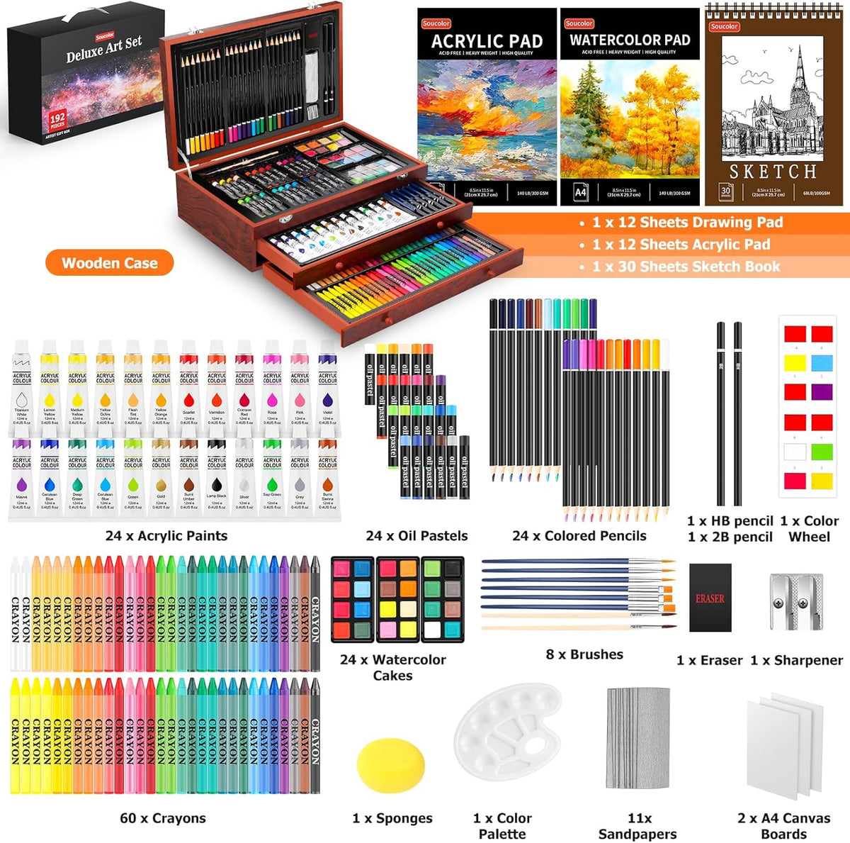 Soucolor Suministros de arte, paquete de 192 piezas de arte de lujo, kit de