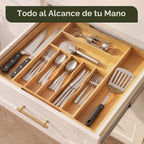 Organizador de cajones de cocina de bambú, soporte para utensilios de cocina y bandeja de cubiertos con separadores ranurados (9 ranuras, natural)