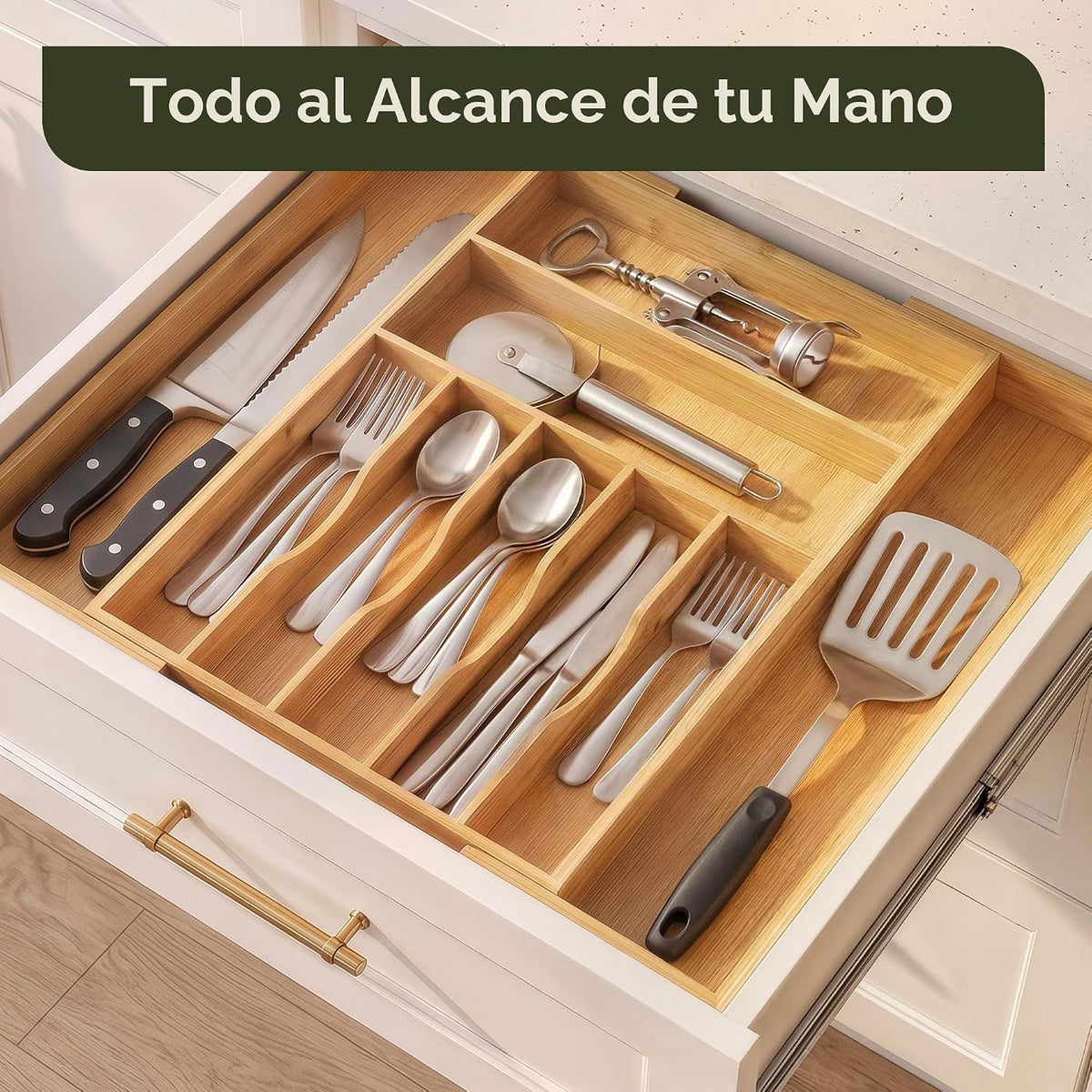 Organizador de cajones de cocina de bambú, soporte para utensilios de cocina y bandeja de cubiertos con separadores ranurados (9 ranuras, natural)
