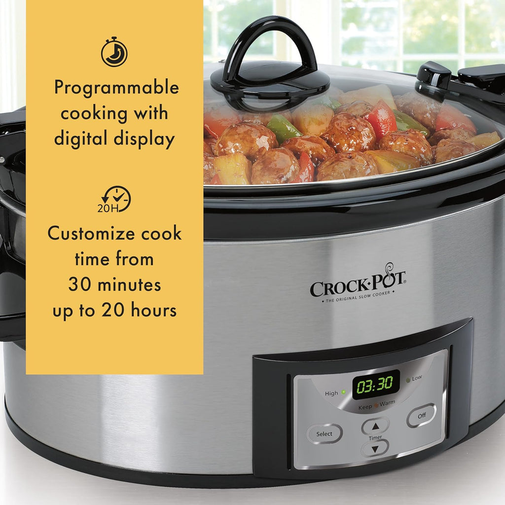 Crock-Pot Cook & Carry - Olla de cocción lenta programable de 6 cuartos de galón con temporizador digital de acero inoxidable (CPSCVC60LL-S) paquete de 1