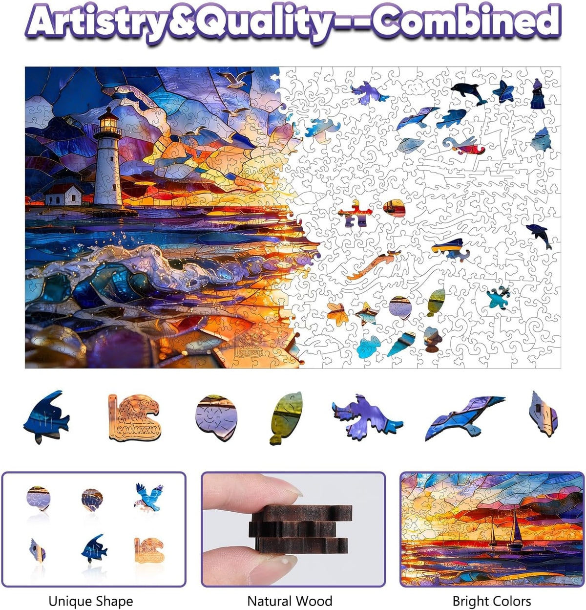 1000Pcs Wooden Jigsaw Puzzle Sunset Lighthouse Decor 17x23.2in