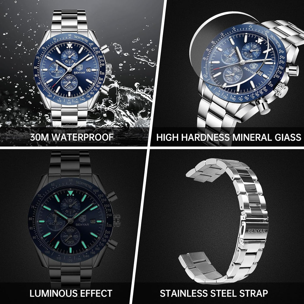 BENYAR Relojes de pulsera para hombre, cronógrafo analógico, de cuarzo, impermeables, para negocios, trabajo, casual, deportivo, con calendario