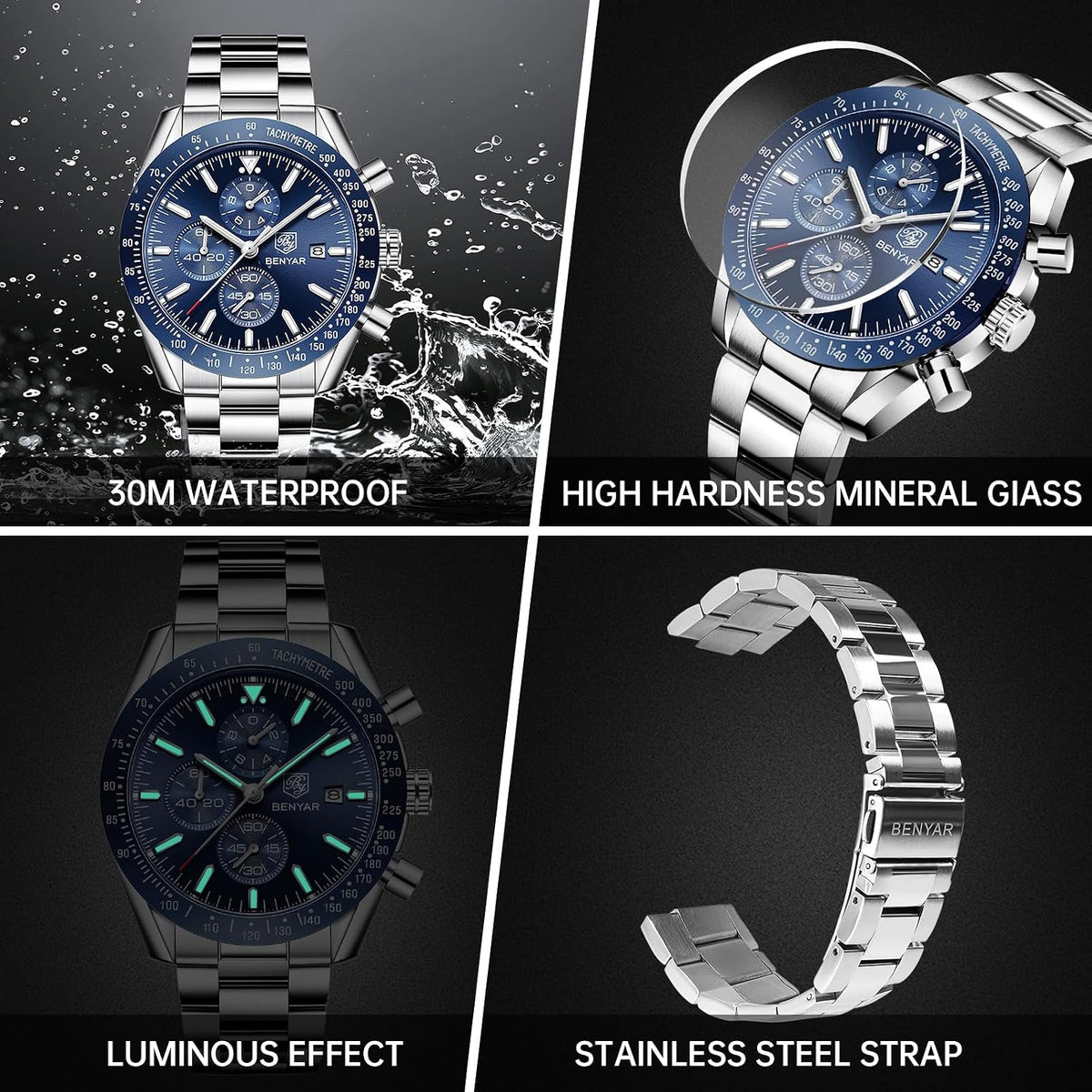 BENYAR Relojes de pulsera para hombre, cronógrafo analógico, de cuarzo, impermeables, para negocios, trabajo, casual, deportivo, con calendario