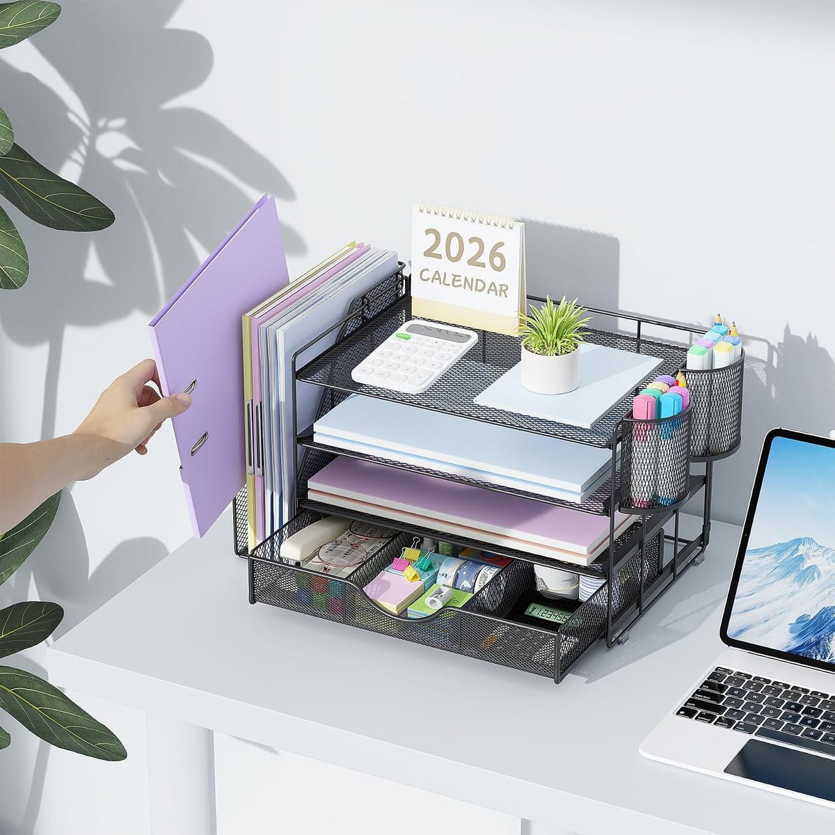 Lámpara gianotter Organizadores de escritorio y accesorios con soporte para archivos, accesorios de escritorio de 4 niveles y organizadores de espacio de trabajo con cajón y 2 soportes para bolígrafos