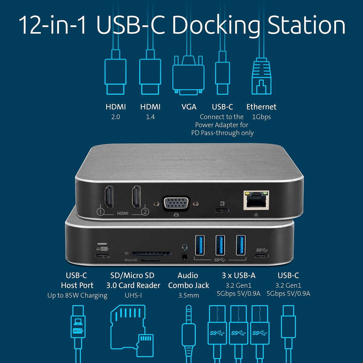 Kensington AD220S3 USB-C Triple Video Mobile Dock K31343WW, Plata