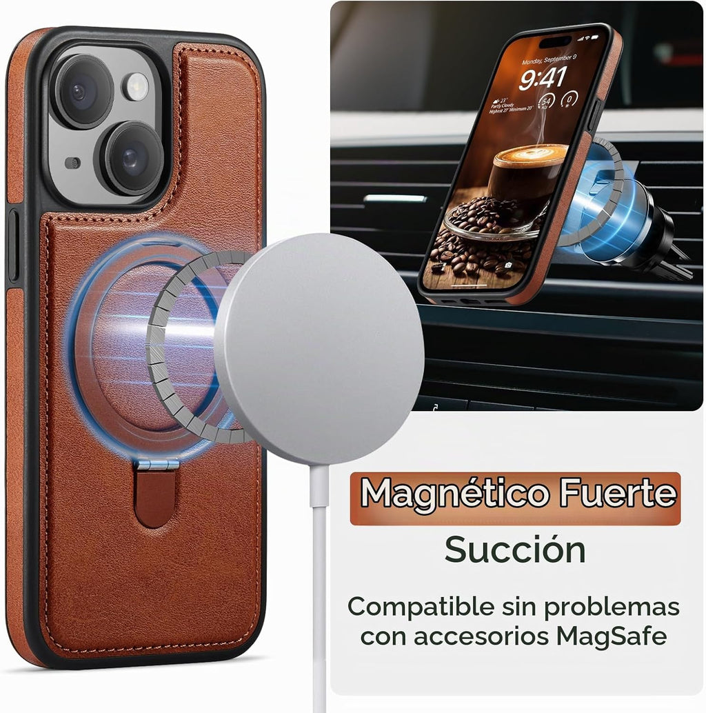 Funda para iPhone 15 con Soporte Compatible con Magsafe de Cuero PU Delgado y TPU Duradero a Prueba de Caídas Soporte Magnético Plegable Funda Protectora para Teléfono con Protector de