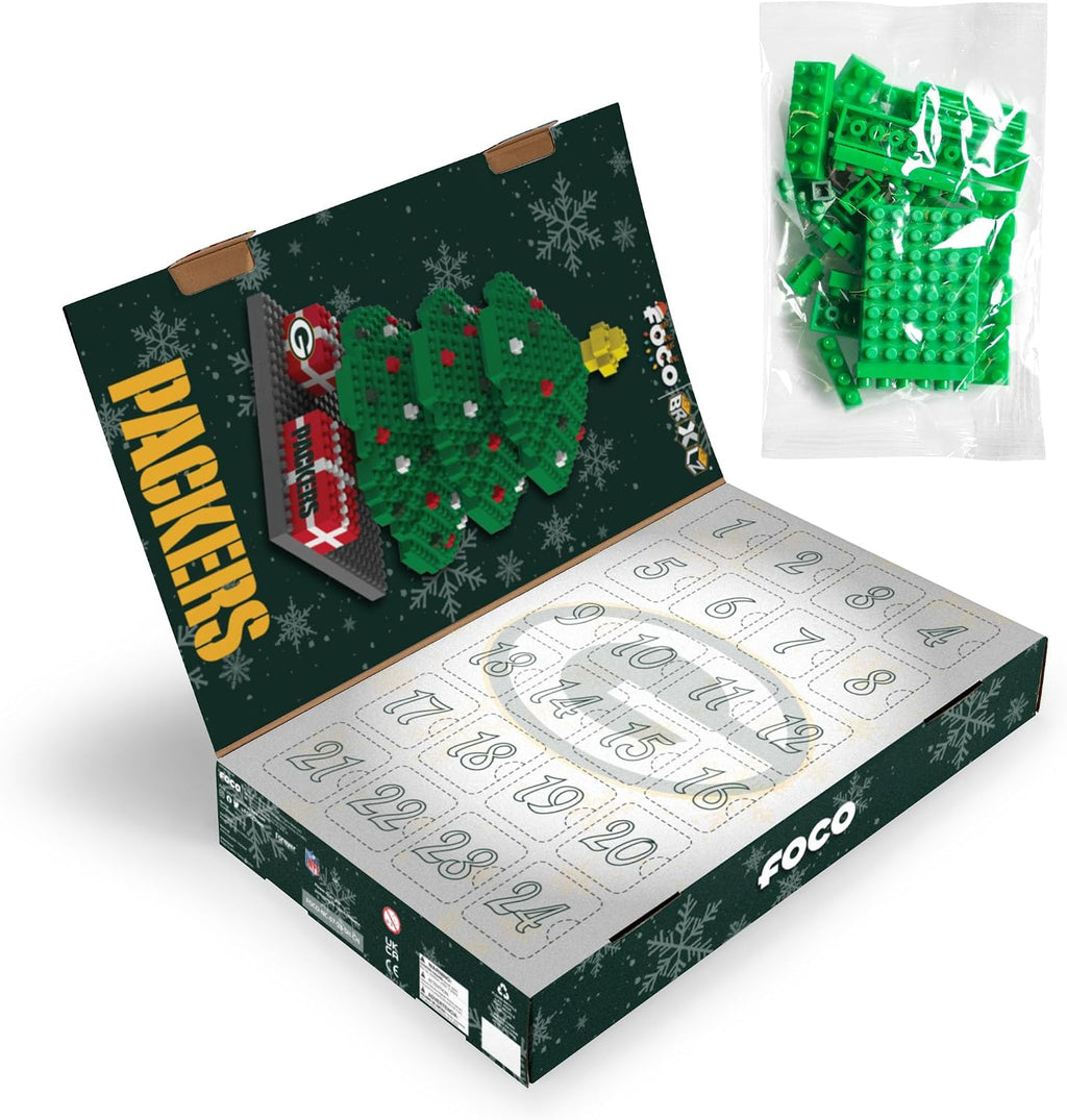 FOCO Green Bay Packers NFL BRXLZ - Calendario de Adviento para árbol de Navidad, bloque de construcción
