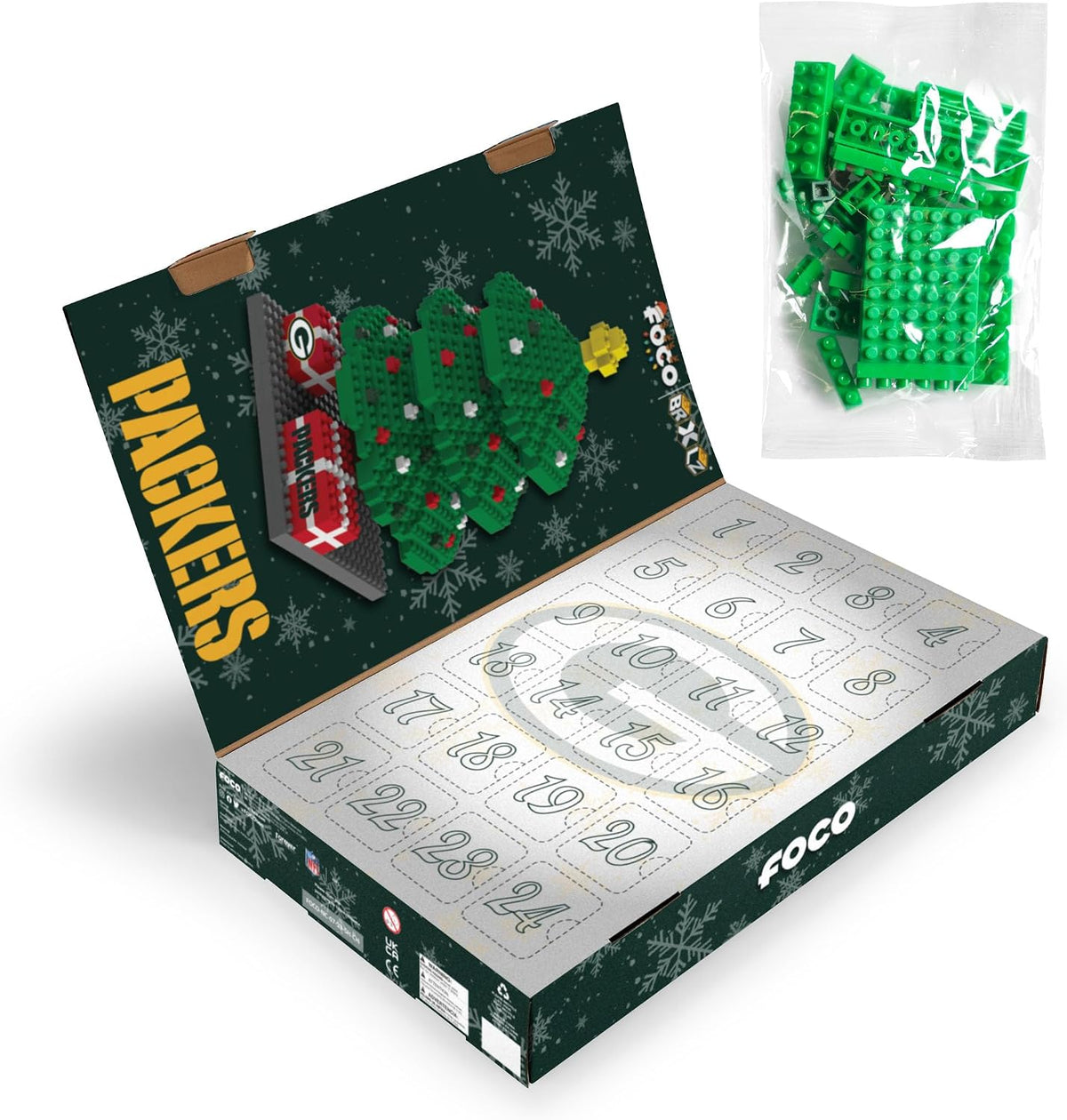 FOCO Green Bay Packers NFL BRXLZ - Calendario de Adviento para árbol de Navidad, bloque de construcción
