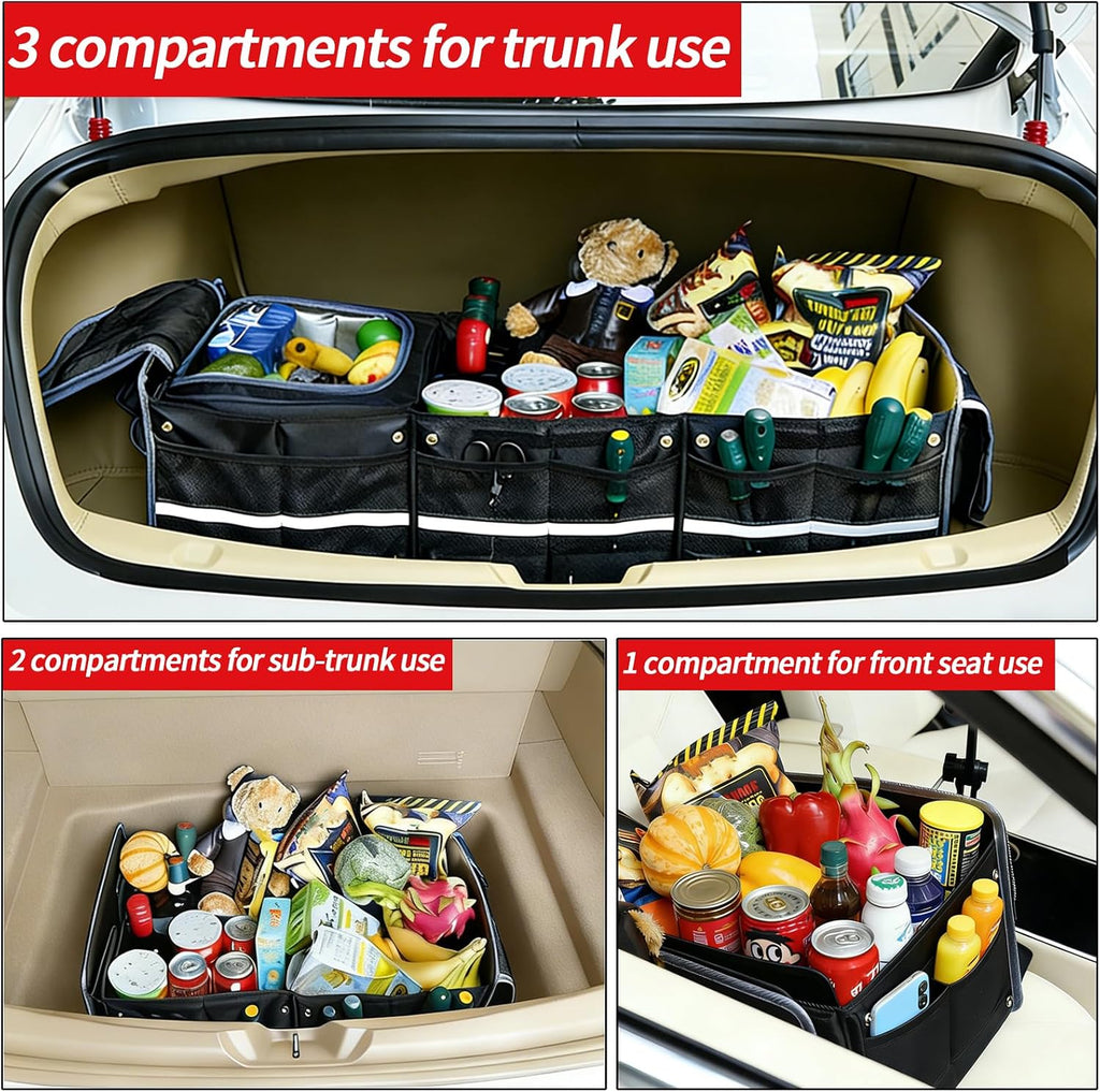 Organizador de maletero de automóvil con bolsa enfriadora extraíble, almacenamiento plegable con múltiples compartimentos para SUV, camión, comestibles, campamento, organizador de carga de