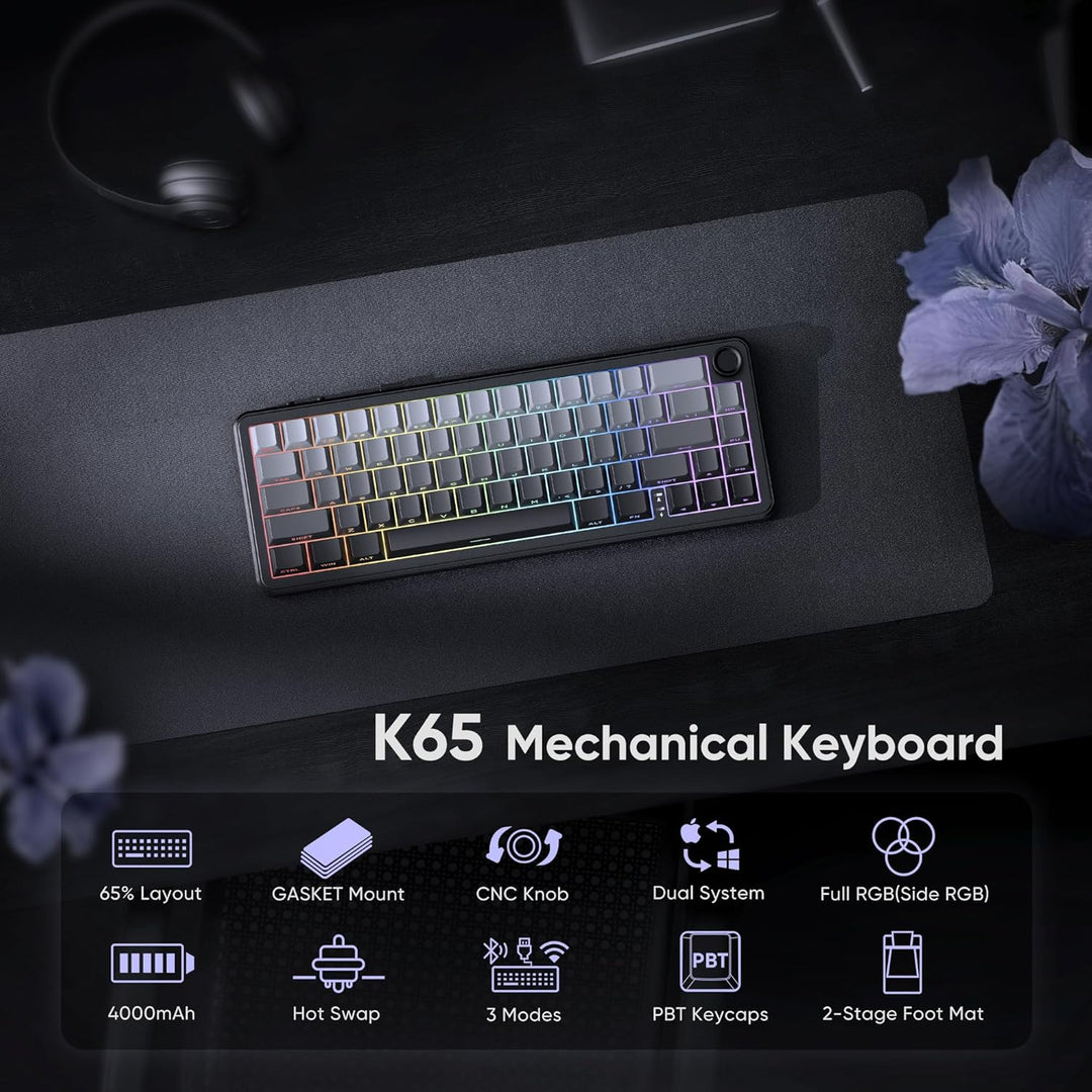 Teclado mecánico inalámbrico para juegos RedThunder K65, conexión d...