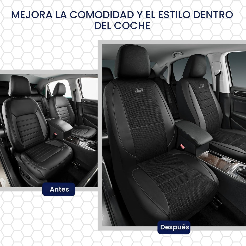 Skechers Fundas de asiento de espuma viscoelástica refrigeradas por aire, fundas de asiento de automóvil gruesas de malla, fundas de asiento de automóvil de cuero con ribetes para asientos delanteros