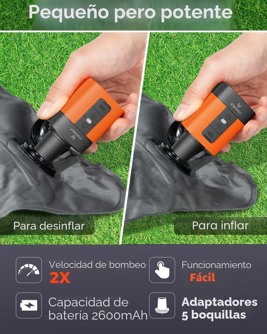 ETENWOLF AIR 3 Bomba de aire para inflables con batería de 2600 mAh y luz de campamento, bomba de aire eléctrica ultrarrápida y mini, desinfla para colchón de aire, flotadores de piscina, bolsas de