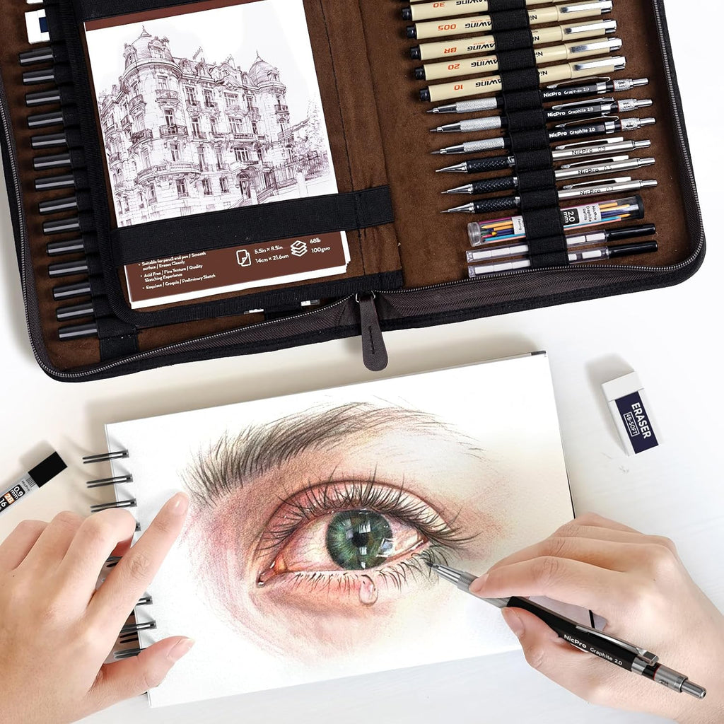 Nicpro Kit de suministros de dibujo artístico de 58 piezas, estuche de