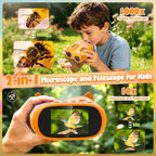 Microscopio y telescopio para niños 2 en 1, 1000X, pantalla de 2" IPS (amarillo)