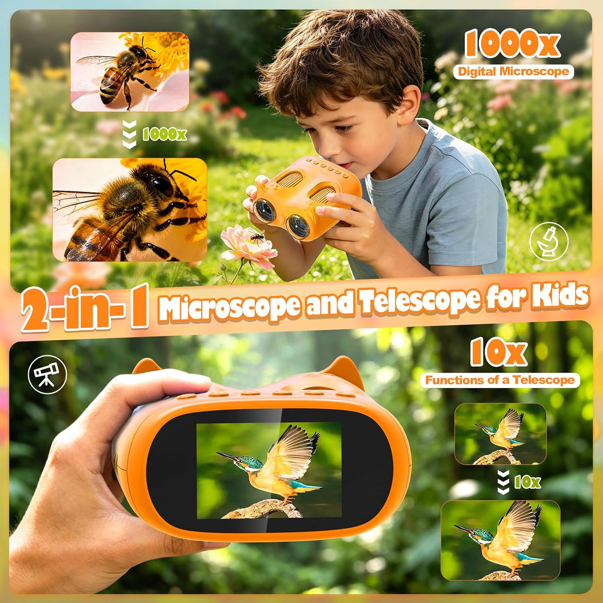 Microscopio y telescopio para niños 2 en 1, 1000X, pantalla de 2" IPS (amarillo)