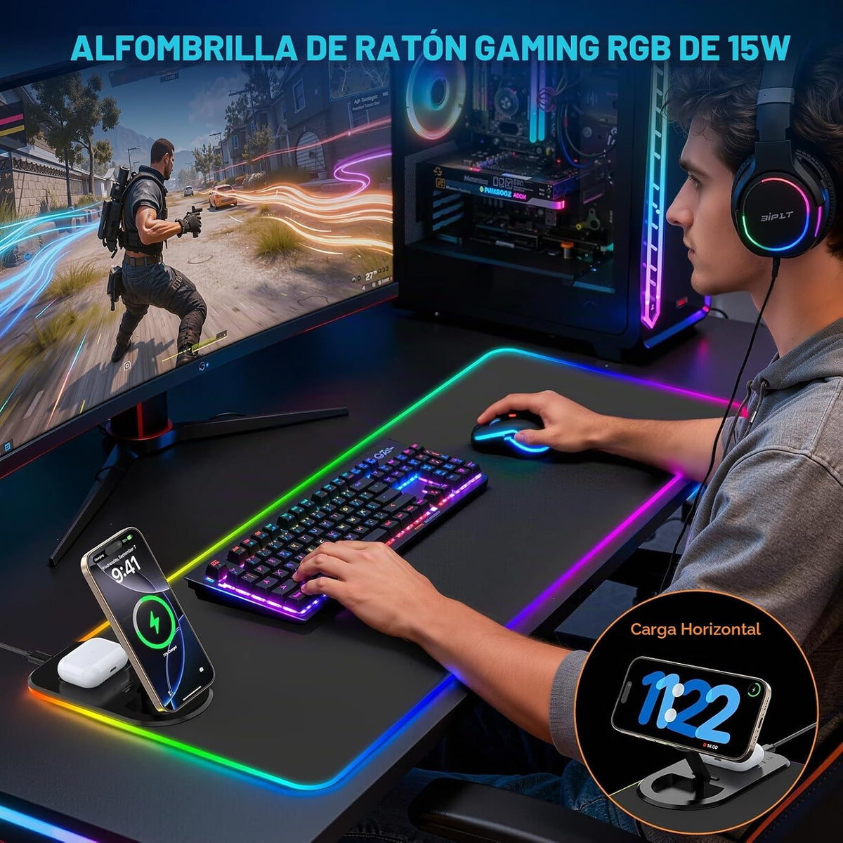 TARKARI Alfombrilla de mouse para juegos con carga inalámbrica, soporte magnético plegable para teléfono con cargador PD de 20 W, alfombrilla de mouse de teclado grande extendida RGB