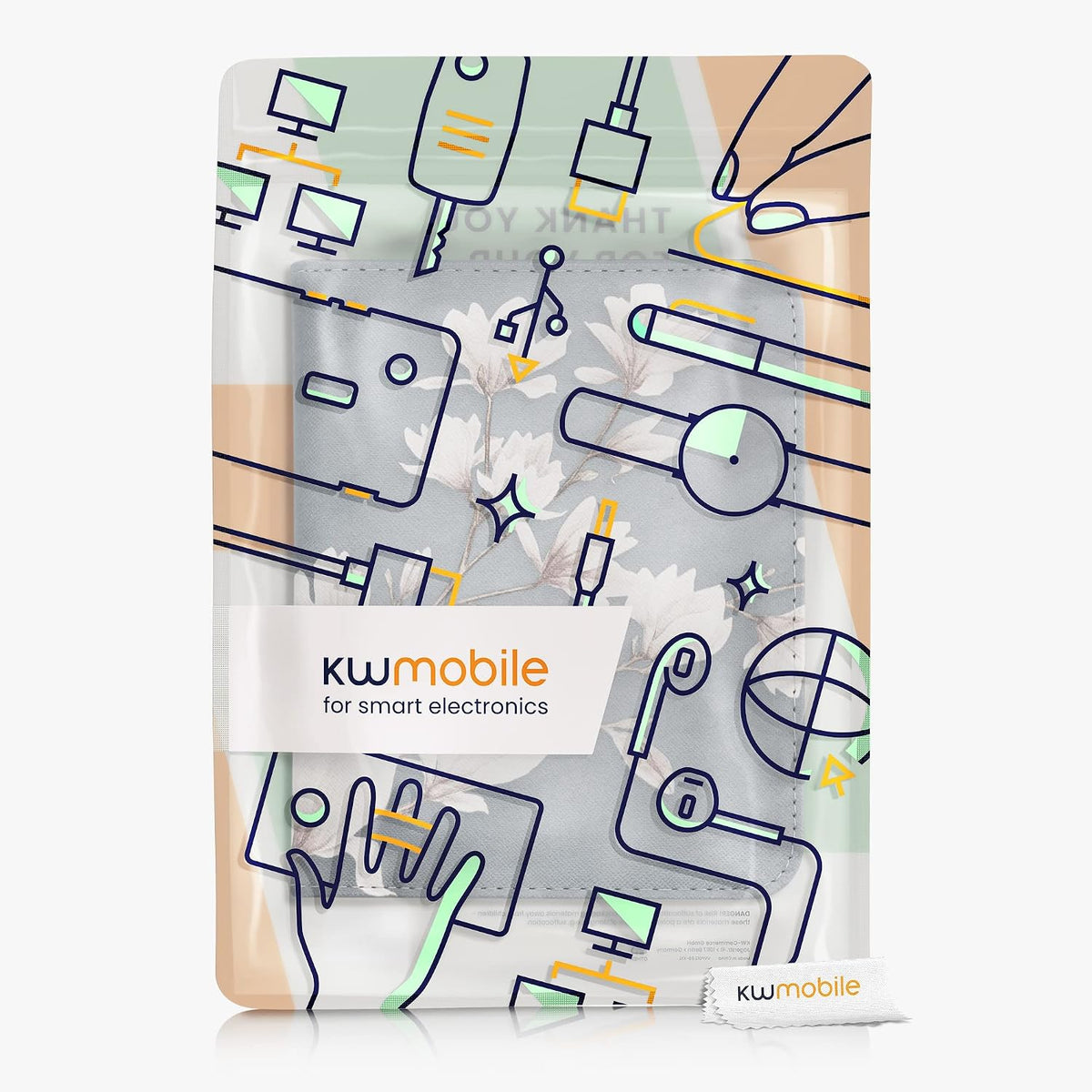 kwmobile Funda compatible con Barnes & Noble Nook Glowlight 4 / 4e - Funda de piel sintética con cierre magnético, soporte, correa, ranura para tarjetas, magnolias gris pardo/blanco/azul gris