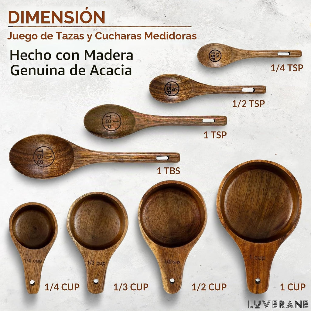 Juego de 8 tazas y cucharas medidoras de madera, madera de acacia maciza con medidas grabadas, utensilios de cocina apilables para cocinar con precisión, hornear y preparar alimentos, ideal para