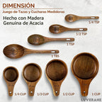 Juego de 8 tazas y cucharas medidoras de madera, madera de acacia maciza con medidas grabadas, utensilios de cocina apilables para cocinar con precisión, hornear y preparar alimentos, ideal para