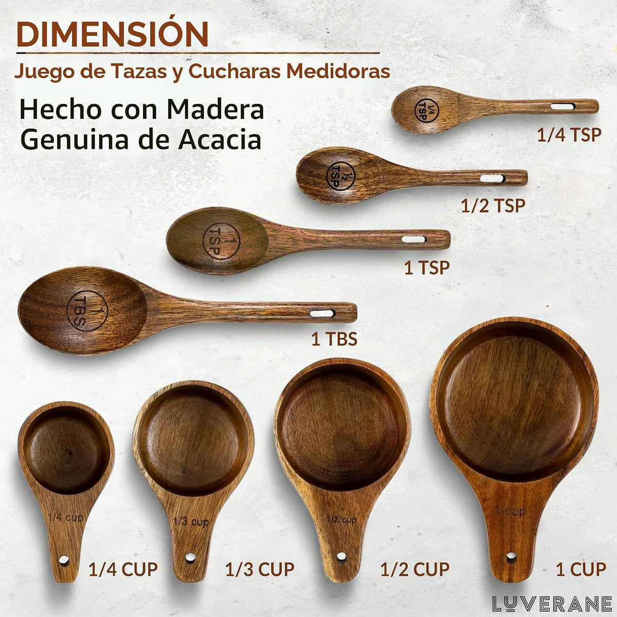 Juego de 8 tazas y cucharas medidoras de madera, madera de acacia maciza con medidas grabadas, utensilios de cocina apilables para cocinar con precisión, hornear y preparar alimentos, ideal para
