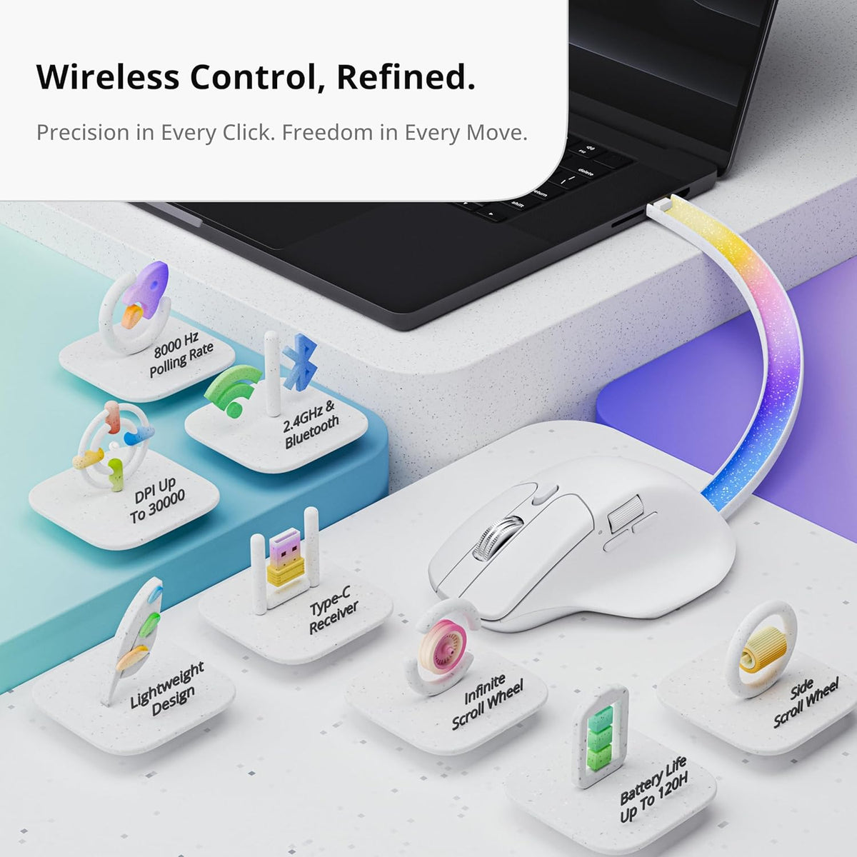 Keychron Ratón inalámbrico para juegos M6 8K, 2.4G/Bluetooth/cableado, sensor PixArt 3950, sondeo de 8000Hz, clics silenciosos, 5 perfiles de memoria integrados para Plug & Play, programable para Mac