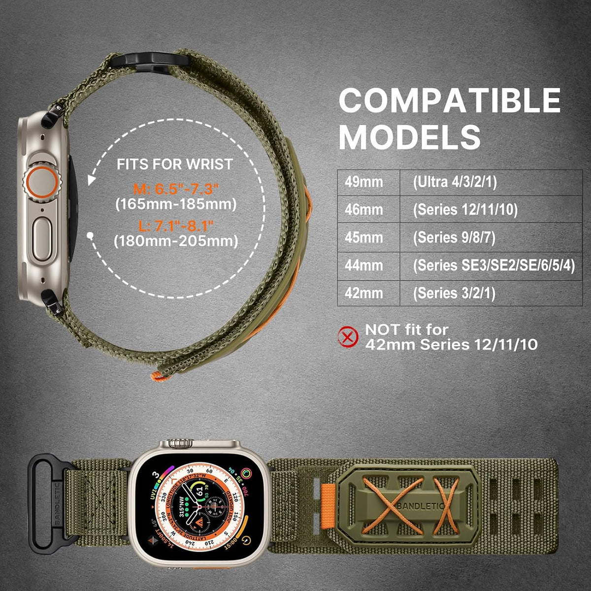 Bandletic Correa táctica ancha de nailon compatible con Apple Watch