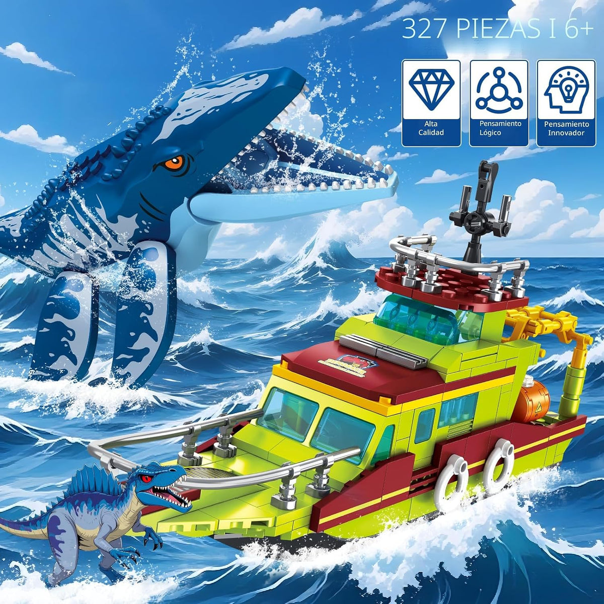 kiothdre Juego de construcción de dinosaurios Ocean Explorer 3 en 1 compatible con Dinosaur Park World, Barco Ciudad y Mosasaurus Spinosaurus Dino Toys con articulaciones móvil, juguetes para niños de 6 a 12 años