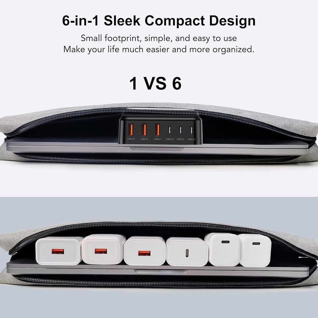 Cargador USB C Rápido, 100W GaN Estación de Carga de 6 Puertos Tipo C Hub Bloque Cubo, para iPad iPhone 17 16 15 14 13 12 Pro Max Pixel Note