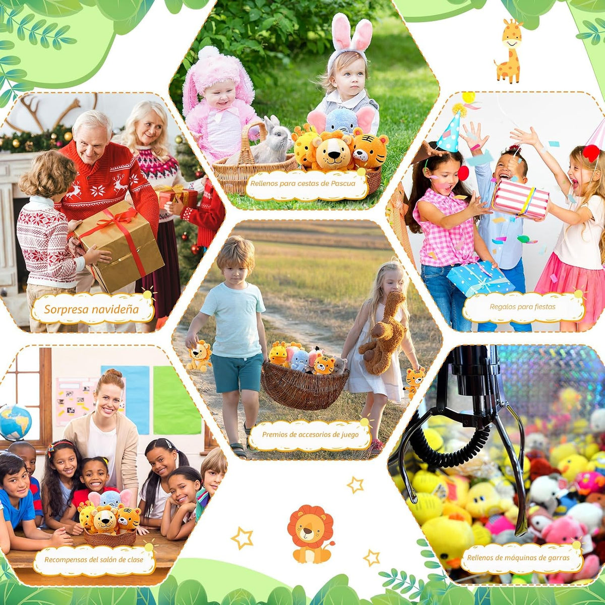 RoundFunny - 6 lindos animales de peluche de safari, juguetes de peluche de la selva de 7 pulgadas