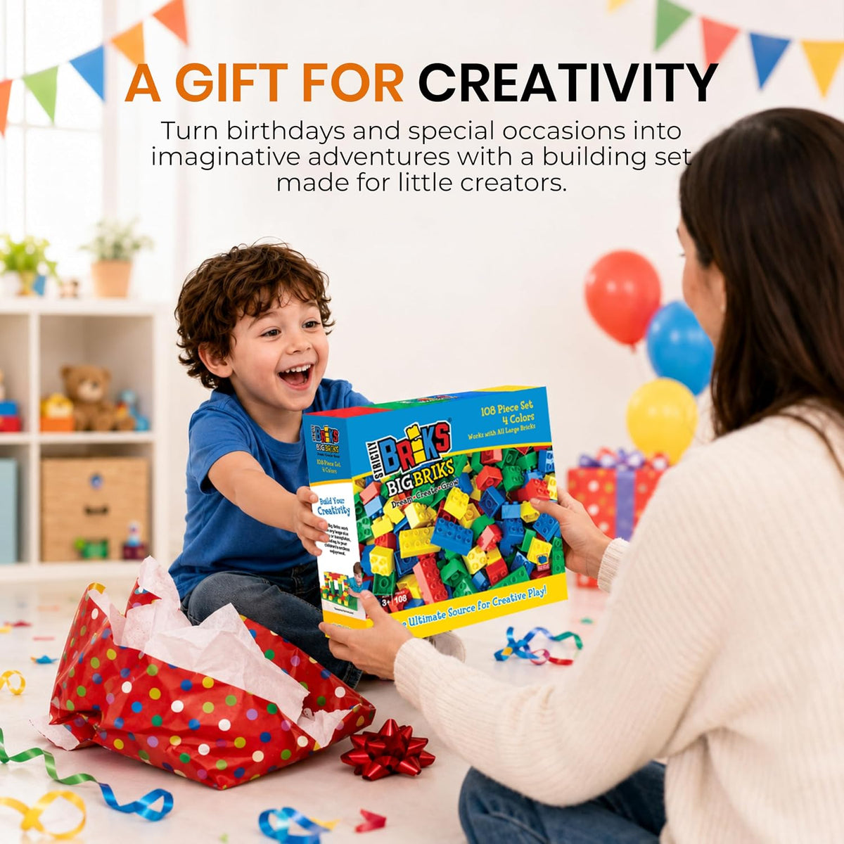 Strictly Briks Bloques grandes de juguete de construcción, compatible con Lego Duplo Set para niños pequeños y niños, juego creativo y aprendizaje, 108 juegos/colores básicos
