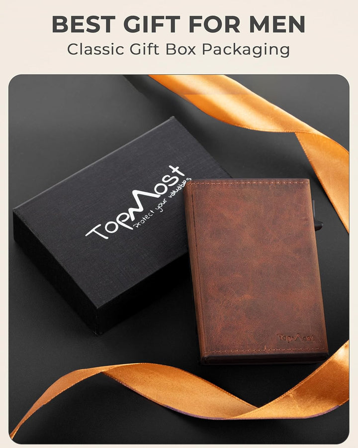TopMost Billetera desplegable de cuero genuino para hombres, soport...