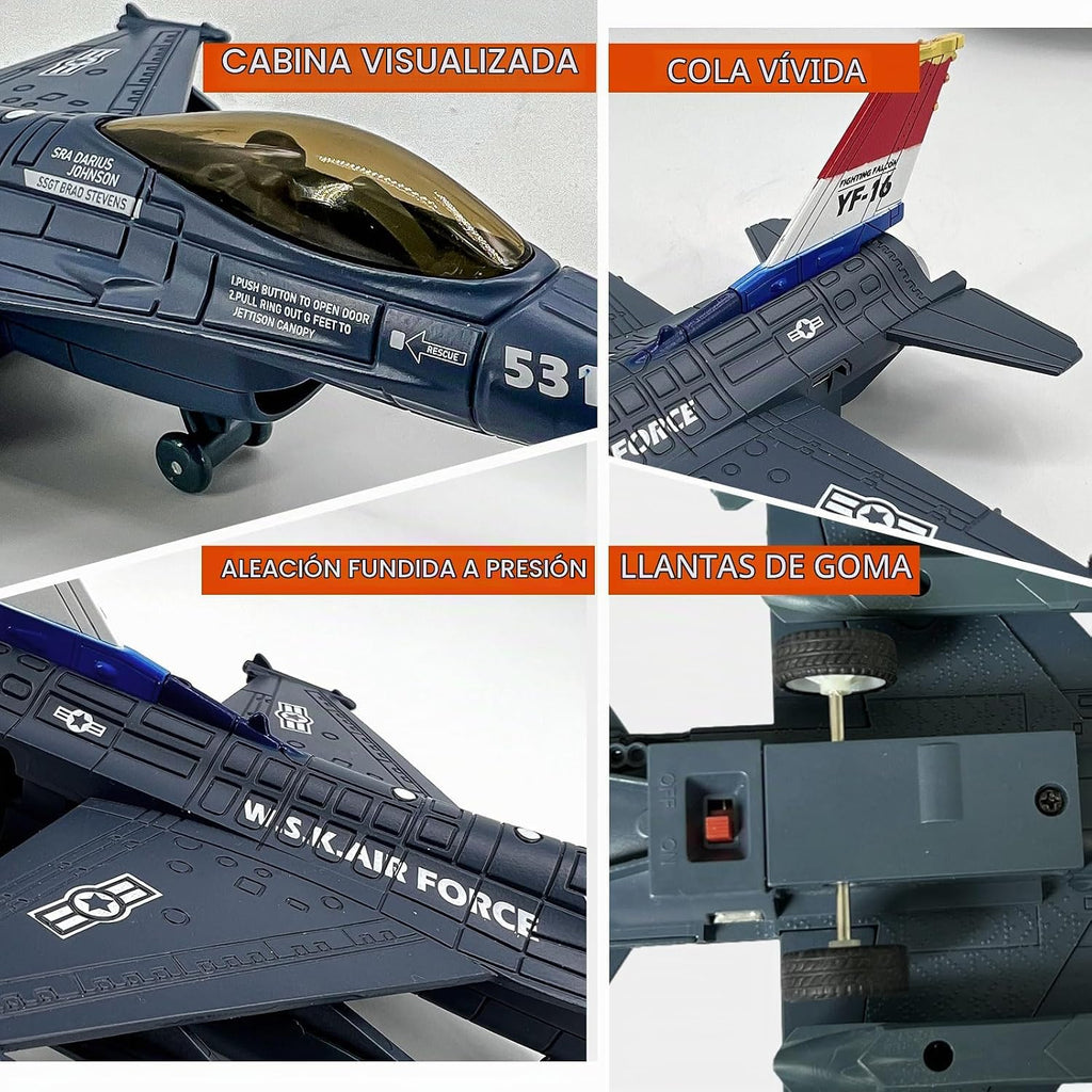 Fighter Jet Toy F-16 Jets de juguete para niños, avión militar del ejército de la fuerza aérea, juguete de caza de metal fundido a presión con luces y sonidos de efecto rociador para niños y