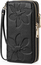 GOIACII Cartera de mujer de gran capacidad con doble cremallera, tarjetero y soporte para teléfono, con bloqueo RFID, de cuero con correa, negro (A01 Black), Casual