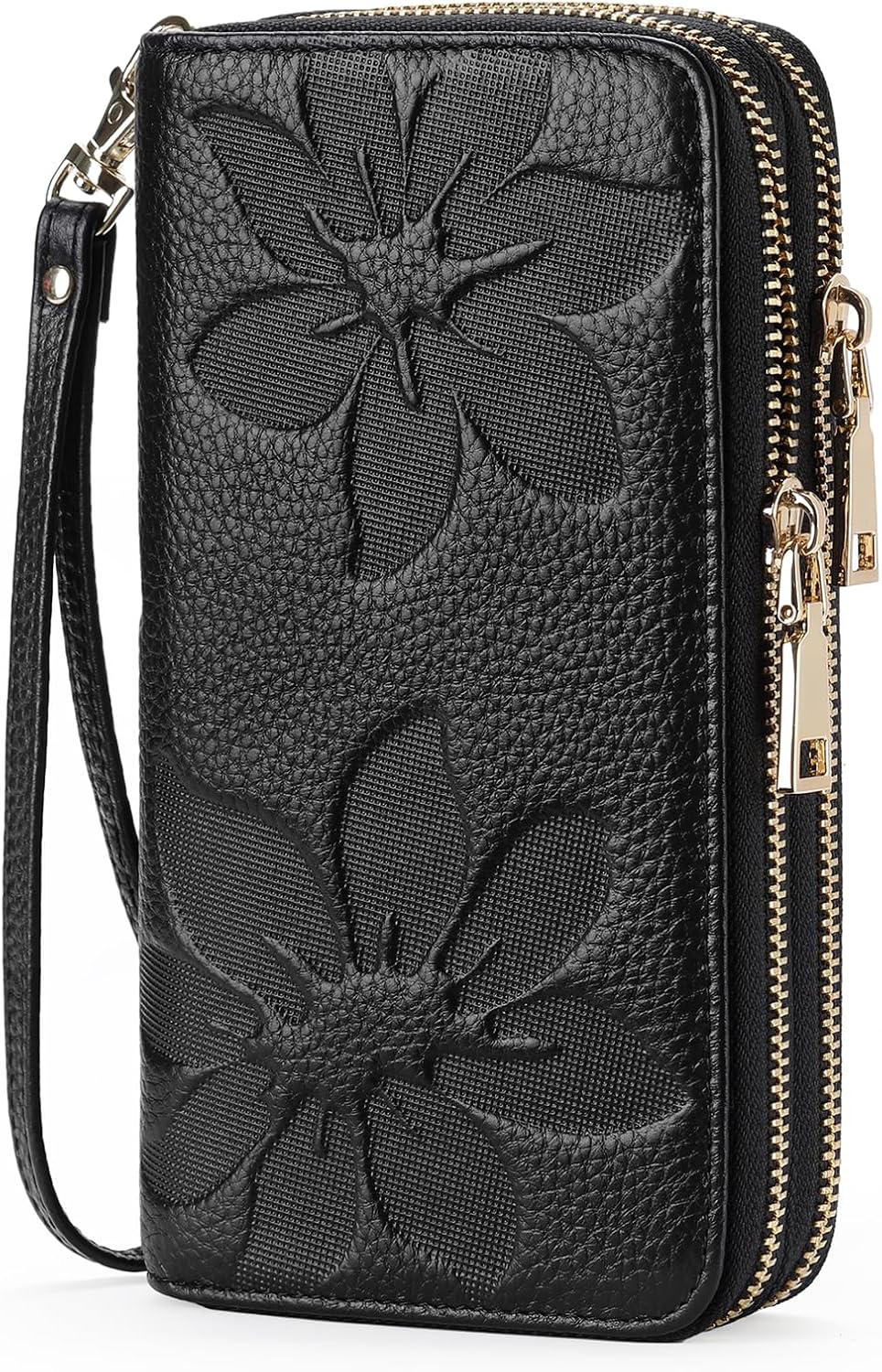GOIACII Cartera de mujer de gran capacidad con doble cremallera, tarjetero y soporte para teléfono, con bloqueo RFID, de cuero con correa, negro (A01 Black), Casual