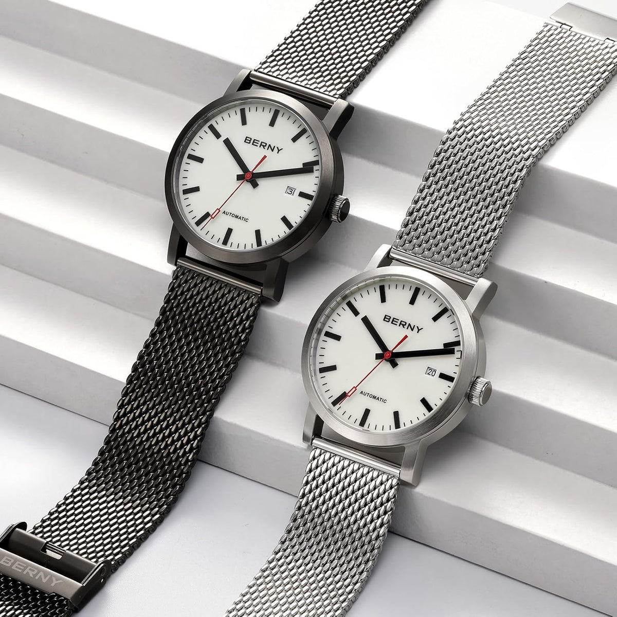 BERNY Reloj Automático Clásico para Hombre, Mecánico, Automático, Correa de Acero Inoxidable, Movimiento MIYOTA 8215, Resistente al Agua 5ATM, Esfera Completa Luminosa, Vidrio de Zafiro, Relojes de