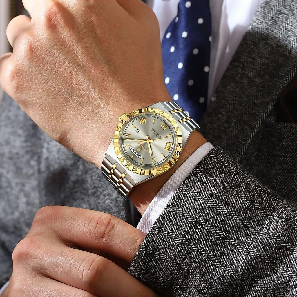 Poedagar Reloj de negocios para hombre, clásico de la semana, fecha, impermeable, luminoso, reloj de pulsera para hombre, acero inoxidable, moda de cuarzo, relojes masculinos