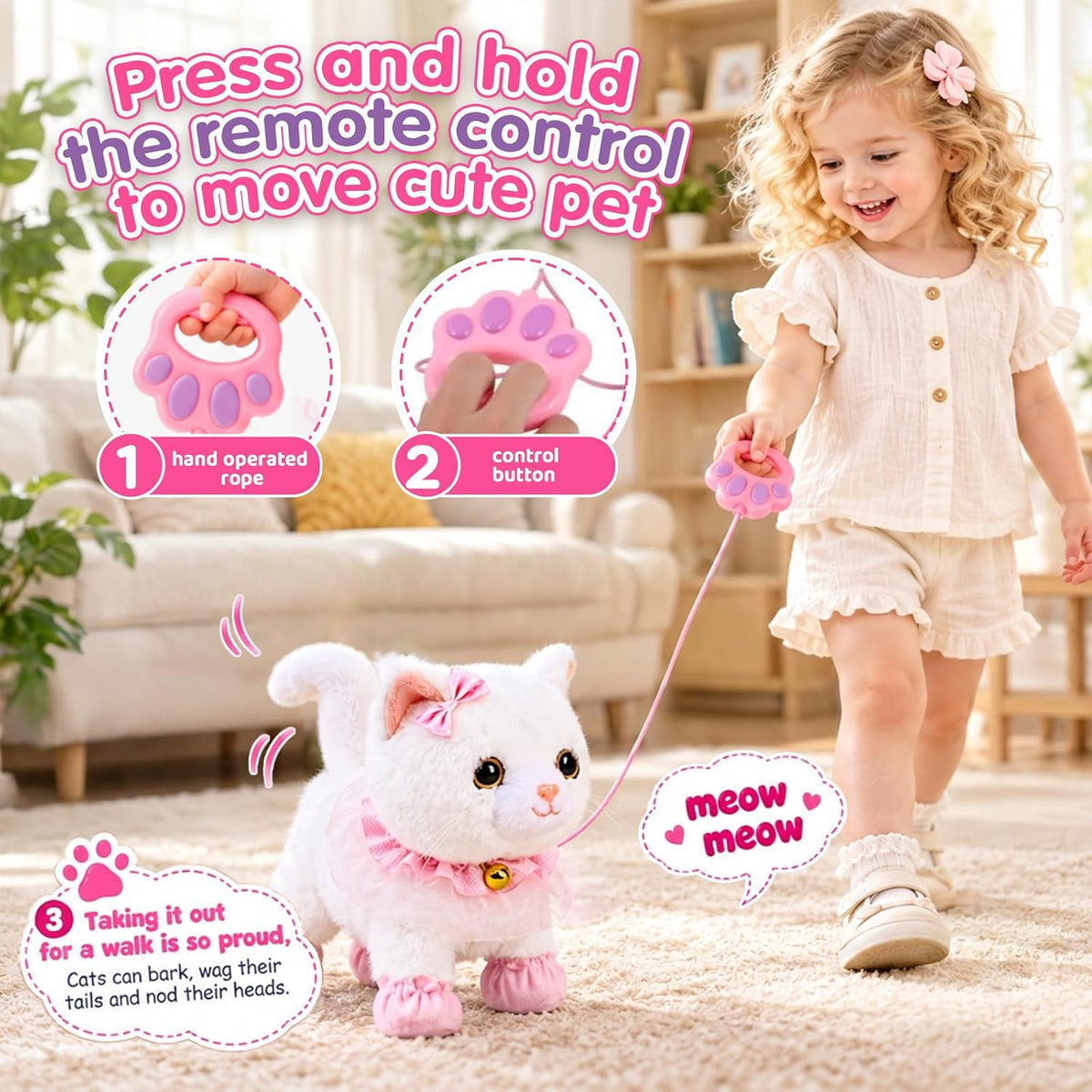 Juguete felino interactivo de peluche electrónico que camina y ladra, gato robot con control remoto para niñas (Gato blanco)