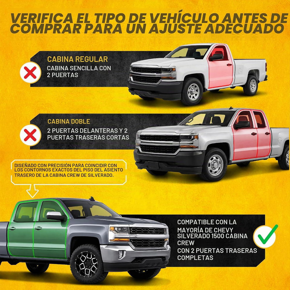 CAT® JustFit™ 3D - Tapete trasero de ajuste personalizado para Chevy Silverado 1500 Crew Cab 2014-2018, revestimiento de goma resistente medido por láser, accesorios Silverado