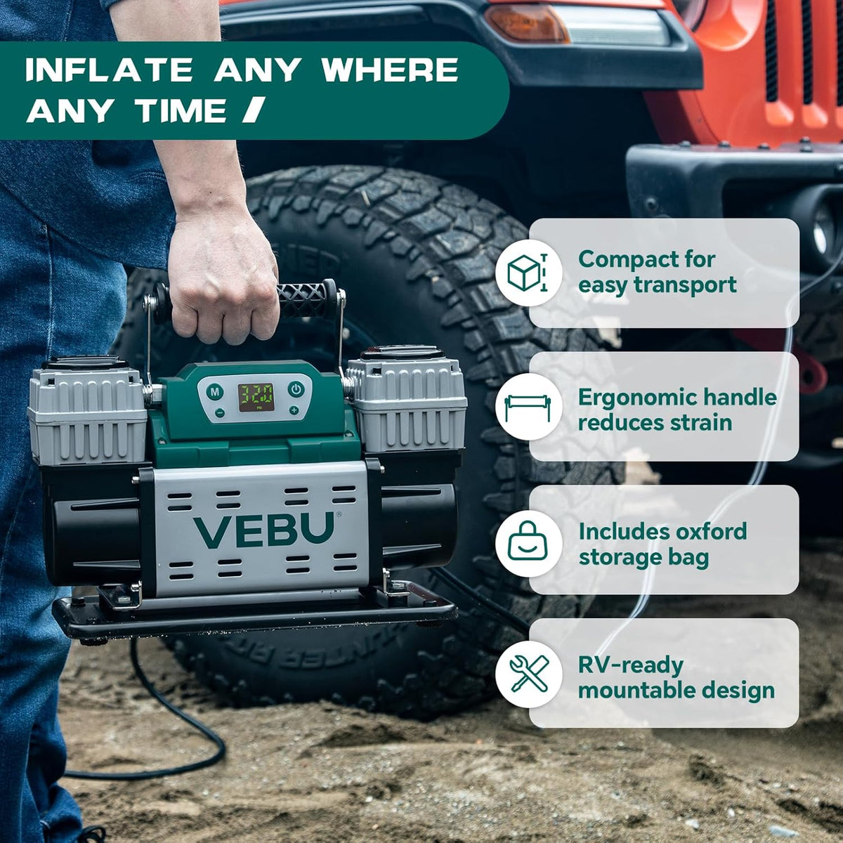 VEBU Compresor de aire todoterreno Inflador de neumáticos de 12 V,...