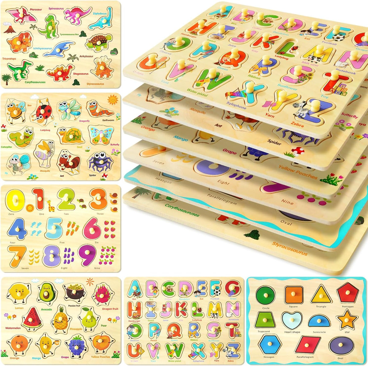 MerryPony - Rompecabezas de clavijas de madera para niños pequeños de 2, 3 y 4 años, 6 piezas de rompecabezas Montessori para niños pequeños - Rompecabezas de alfabeto, forma, número, fruta