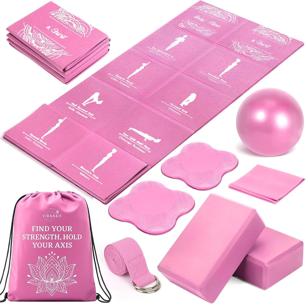 Juego de esterilla de yoga plegable y bloques para mujer con paquete de 2 bloques de yoga y correa, esterilla de pilates delgada antideslizante con bolsa, equipo de entrenamiento en casa, kit