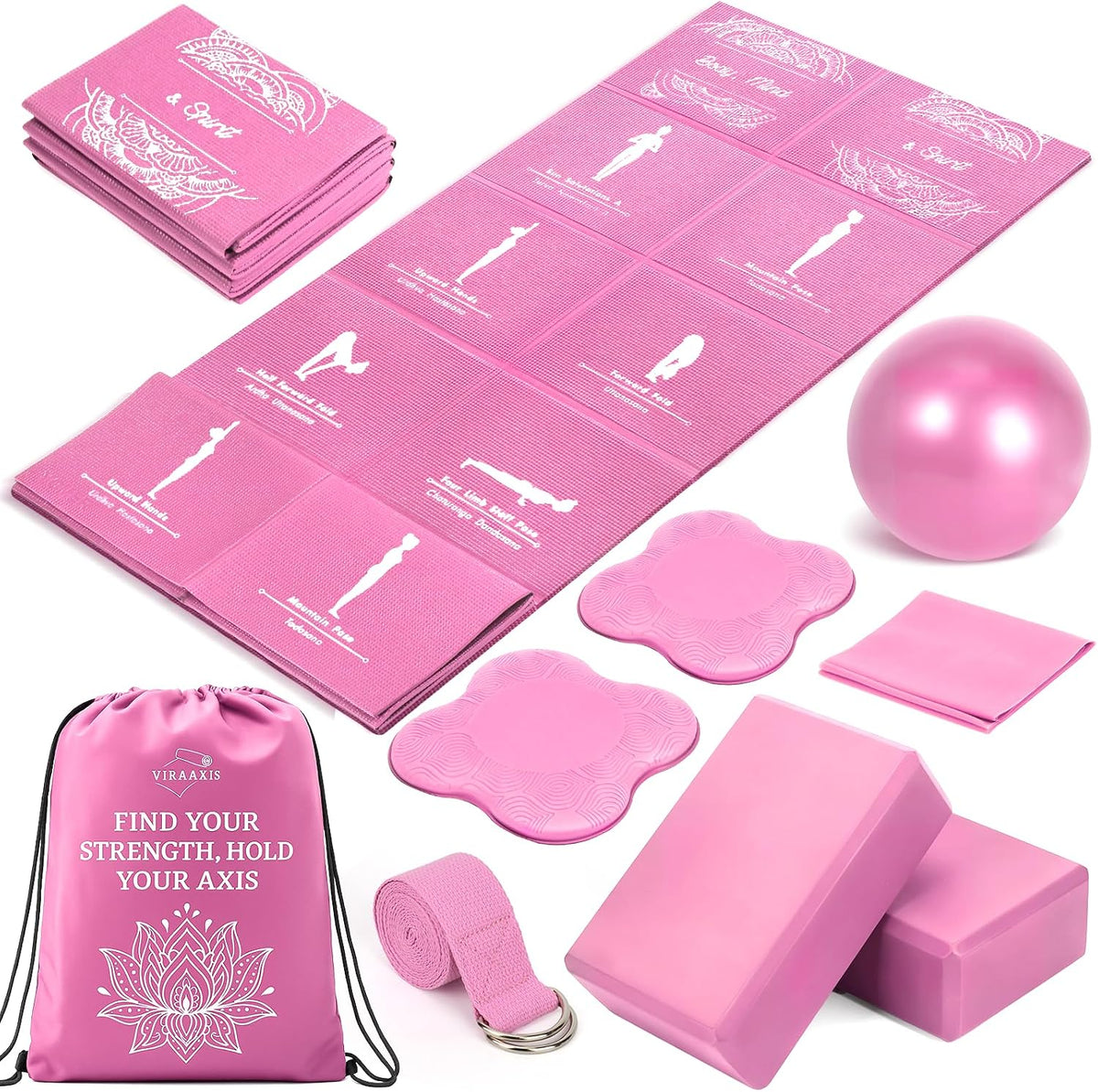 Juego de esterilla de yoga plegable y bloques para mujer con paquete de 2 bloques de yoga y correa, esterilla de pilates delgada antideslizante con bolsa, equipo de entrenamiento en casa, kit